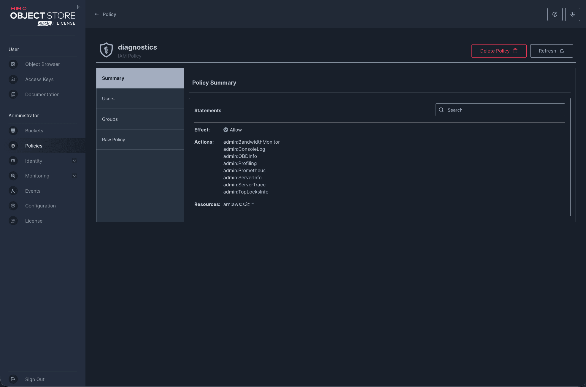 A policy in the OpenMaxIO console with the full administrator menu